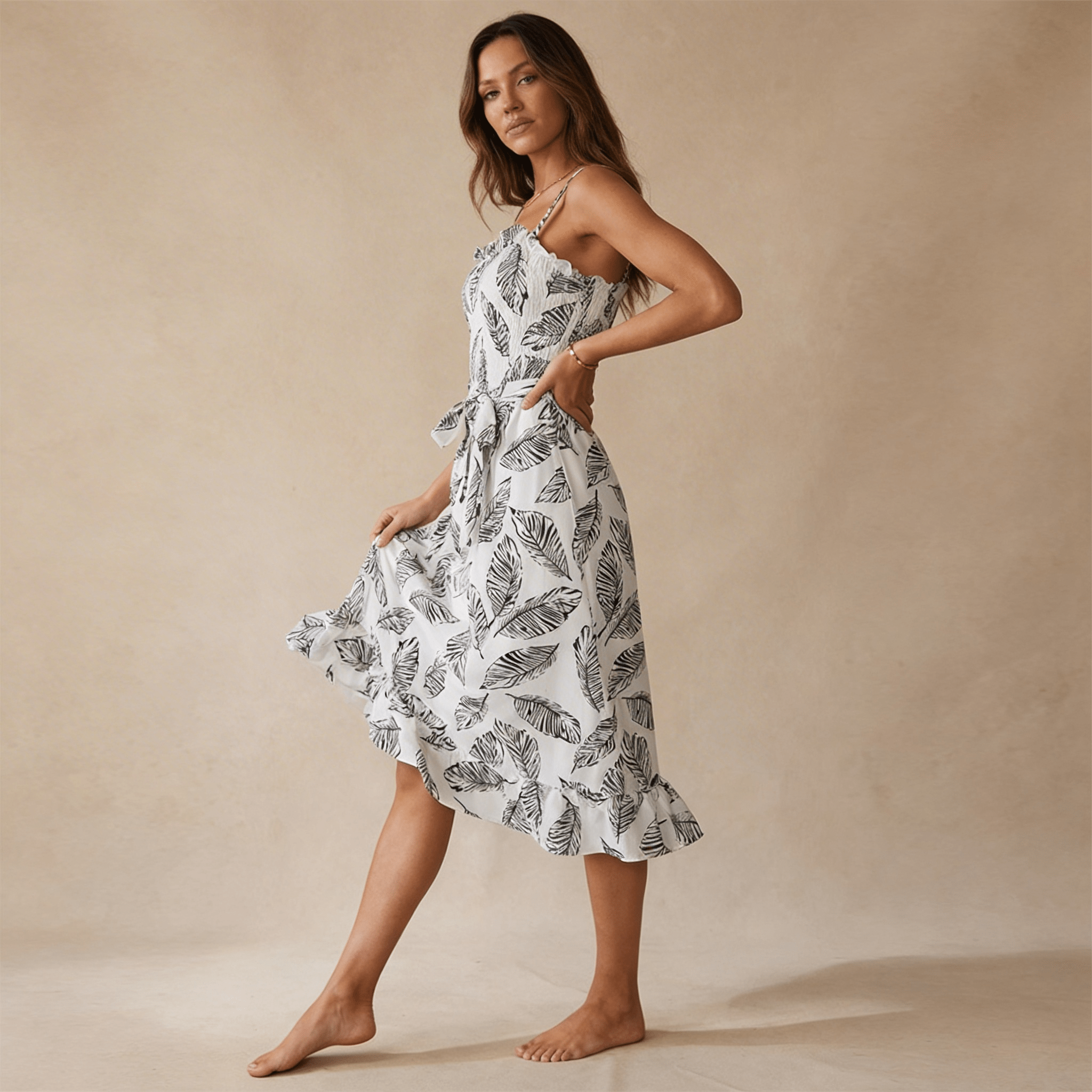 Women Midi Dress Sleeveless Ruffle Neck Tie Waist - Evergreen Outfits - Women Midi Dress