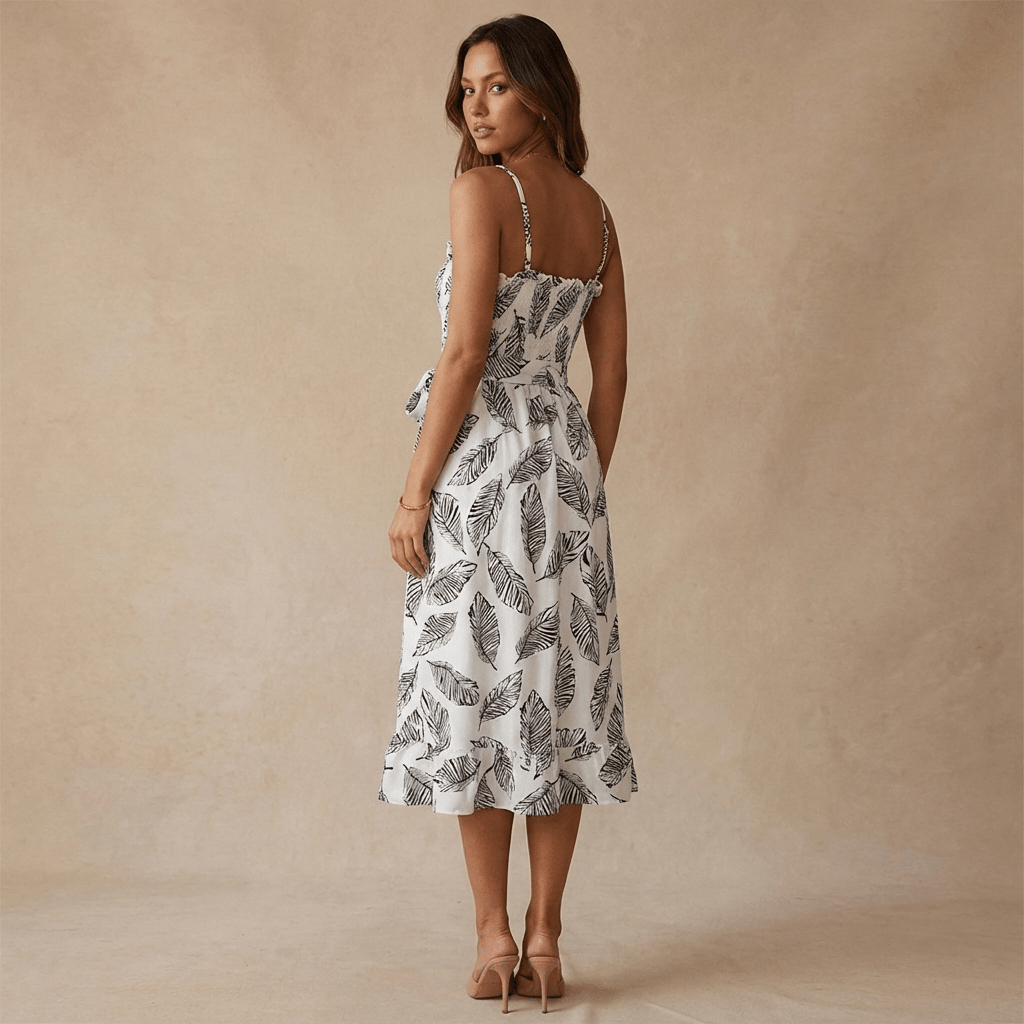 Women Midi Dress Sleeveless Ruffle Neck Tie Waist - Evergreen Outfits - Women Midi Dress