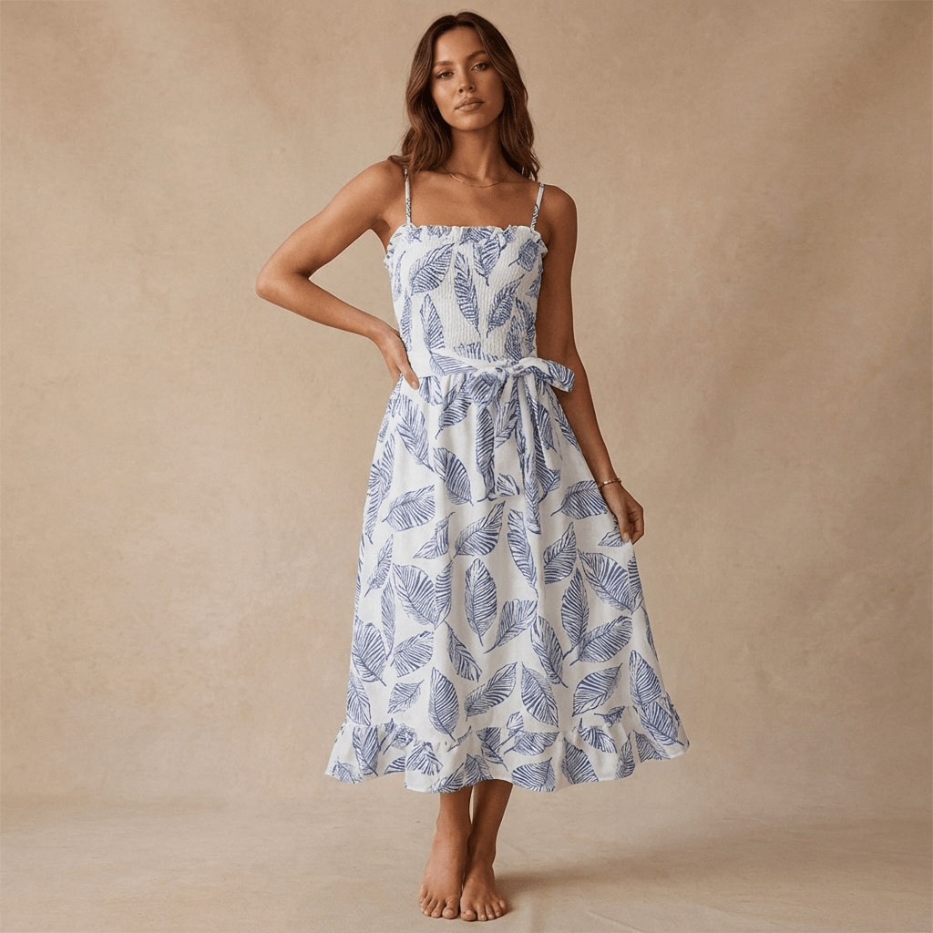 Women Midi Dress Sleeveless Ruffle Neck Tie Waist - Evergreen Outfits - Women Midi Dress
