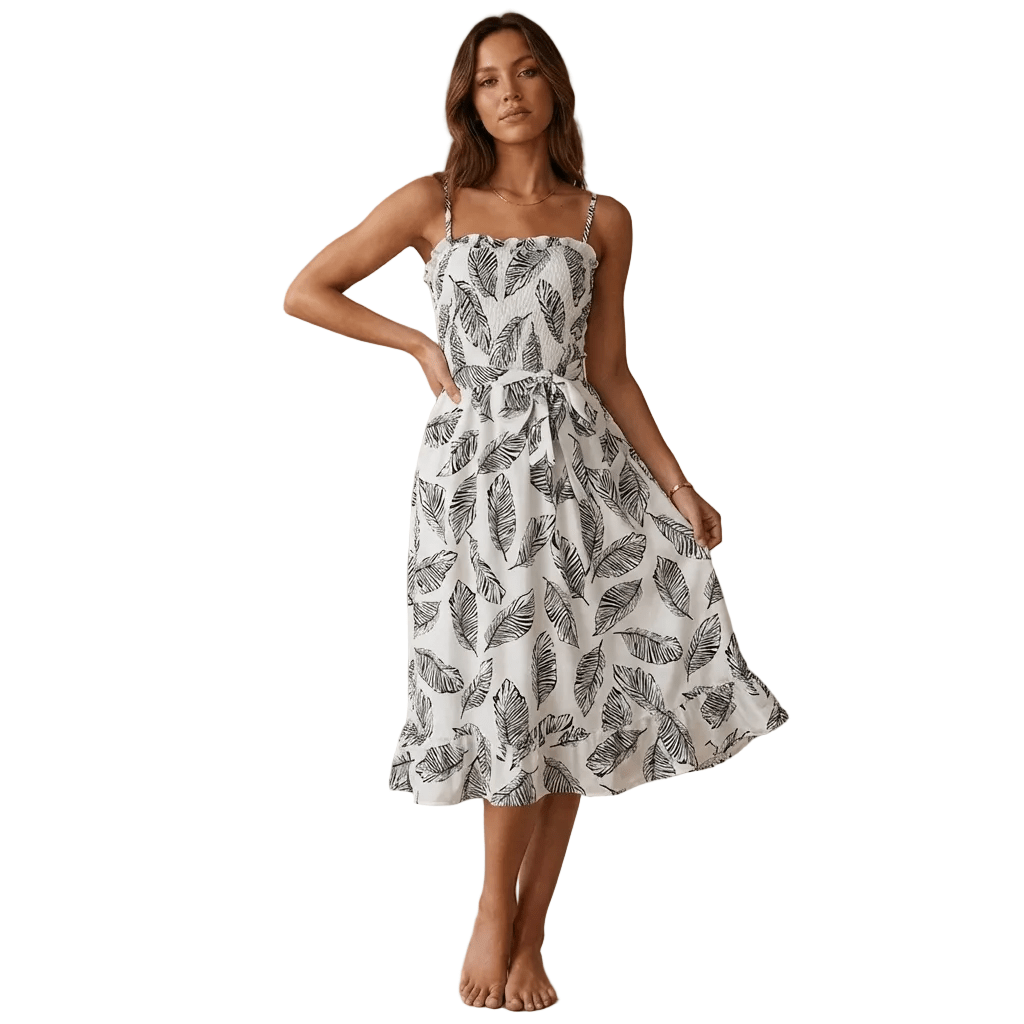 Women Midi Dress Sleeveless Ruffle Neck Tie Waist - Evergreen Outfits - Women Midi Dress