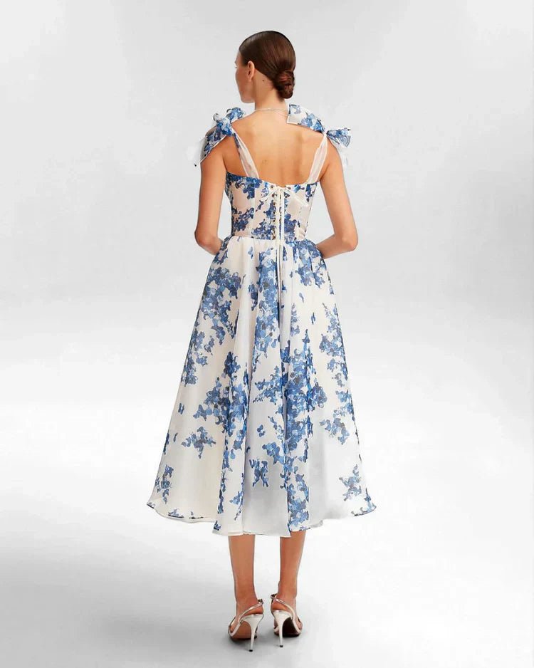 Women Midi Dress Sweetheart Neck Tie Strap Corset Back - Evergreen Outfits - Women Midi Dress