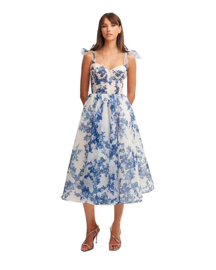 Women Midi Dress Sweetheart Neck Tie Strap Corset Back - Evergreen Outfits - Women Midi Dress