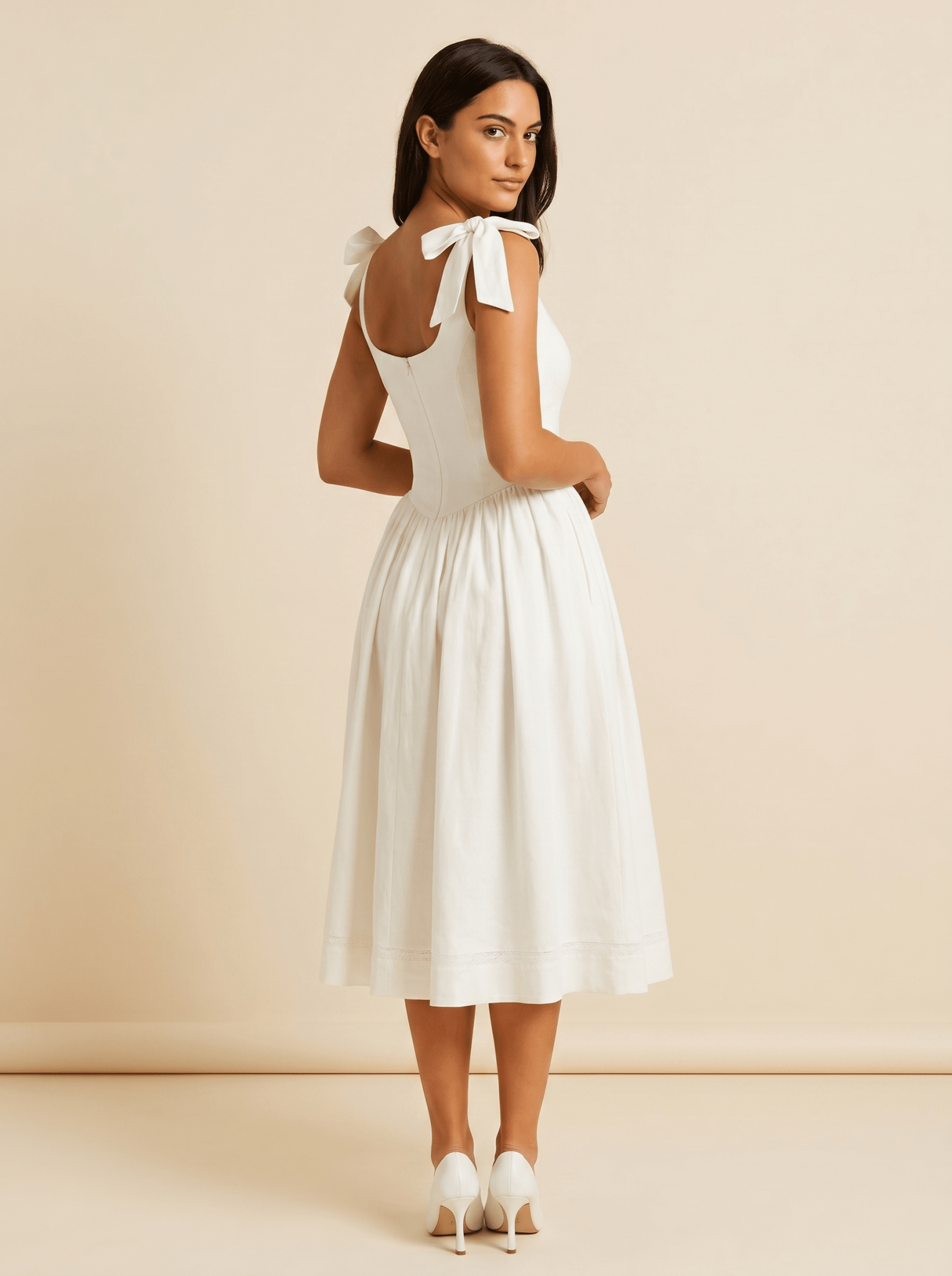 Women Midi Dress Tie Straps Bow Flared Skirt With Pockets - Evergreen Outfits- Women Midi Dress