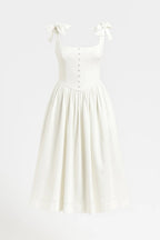 Women Midi Dress Tie Straps Bow Flared Skirt With Pockets - Evergreen Outfits- Women Midi Dress