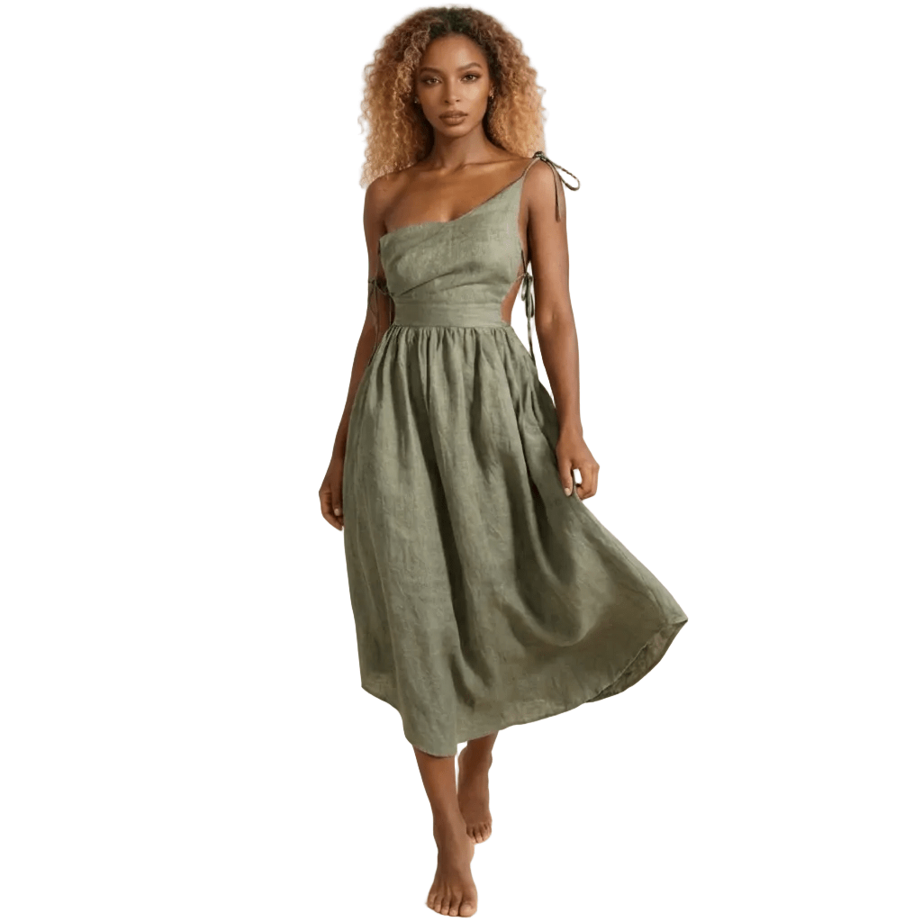 Women Midi Dress V Neck Open Back Side Slit Design - Evergreen Outfits - Women Midi Dress