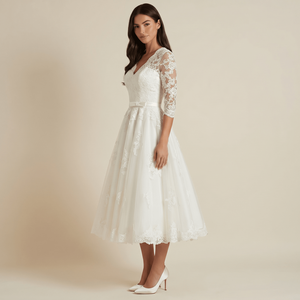 Women Midi Dress V Neck Three Quarter Sleeve Midi Length - Evergreen Outfits - Women Midi Dress