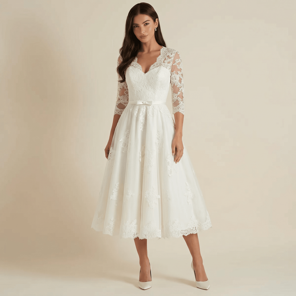 Women Midi Dress V Neck Three Quarter Sleeve Midi Length - Evergreen Outfits - Women Midi Dress