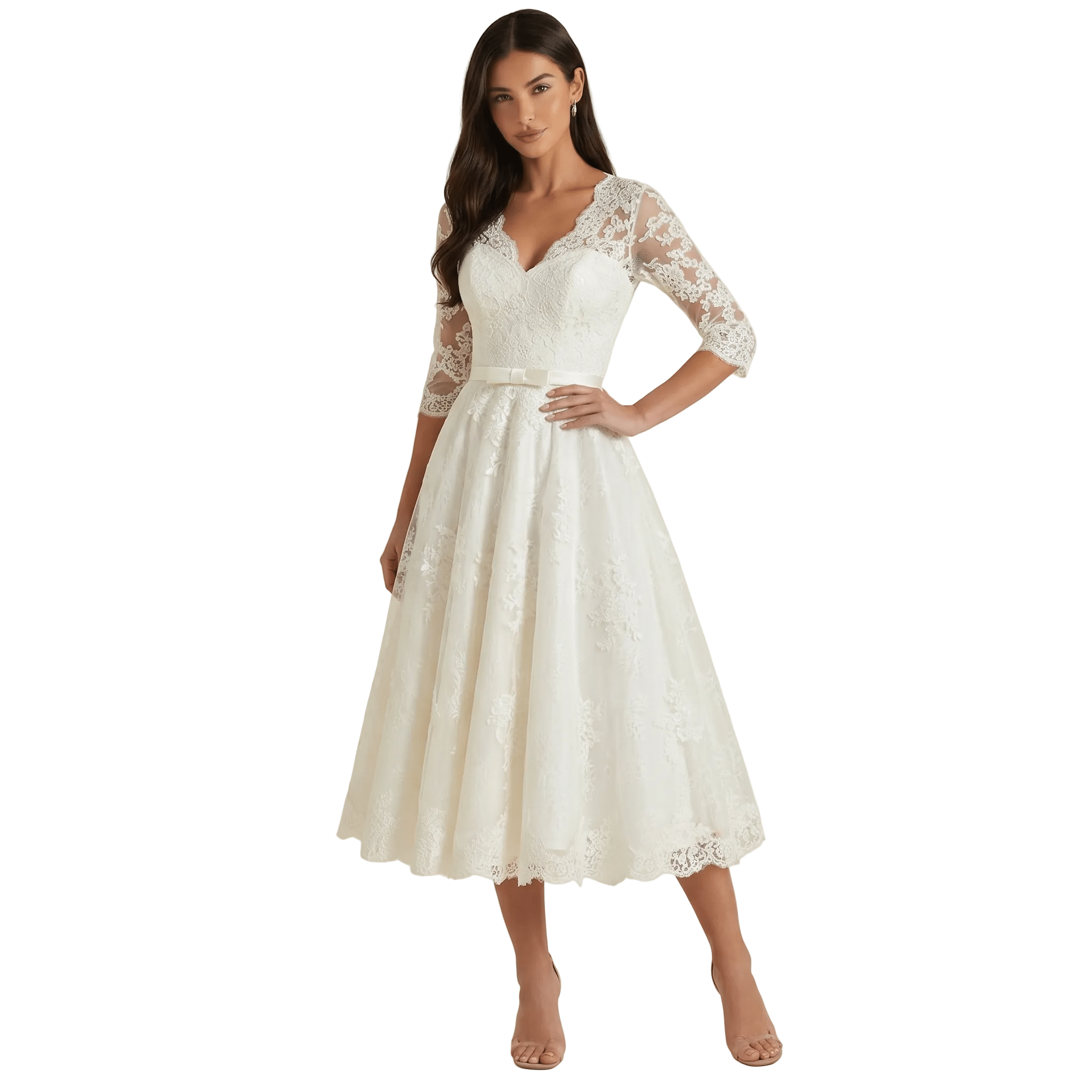 Women Midi Dress V Neck Three Quarter Sleeve Midi Length - Evergreen Outfits - Women Midi Dress