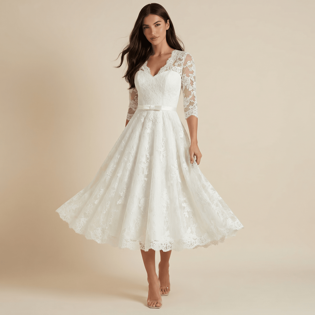 Women Midi Dress V Neck Three Quarter Sleeve Midi Length - Evergreen Outfits - Women Midi Dress