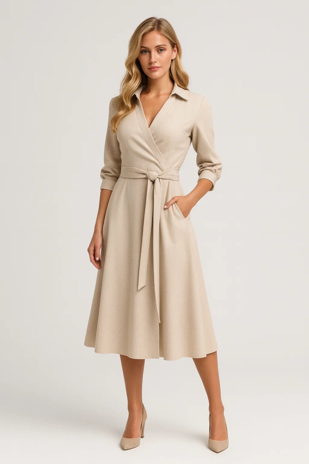 Women Midi Dress Wrap Style Long Sleeve Belt Closure - Evergreen Outfits - Women Midi Dress