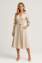 Women Midi Dress Wrap Style Long Sleeve Belt Closure - Evergreen Outfits - Women Midi Dress