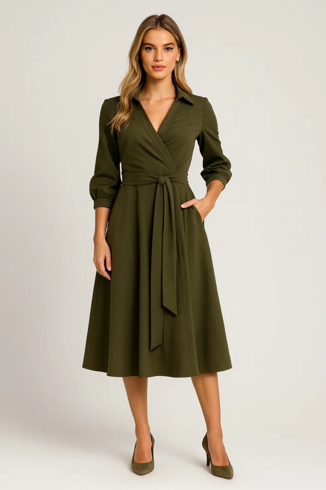 Women Midi Dress Wrap Style Long Sleeve Belt Closure - Evergreen Outfits - Women Midi Dress