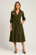 Women Midi Dress Wrap Style Long Sleeve Belt Closure - Evergreen Outfits - Women Midi Dress