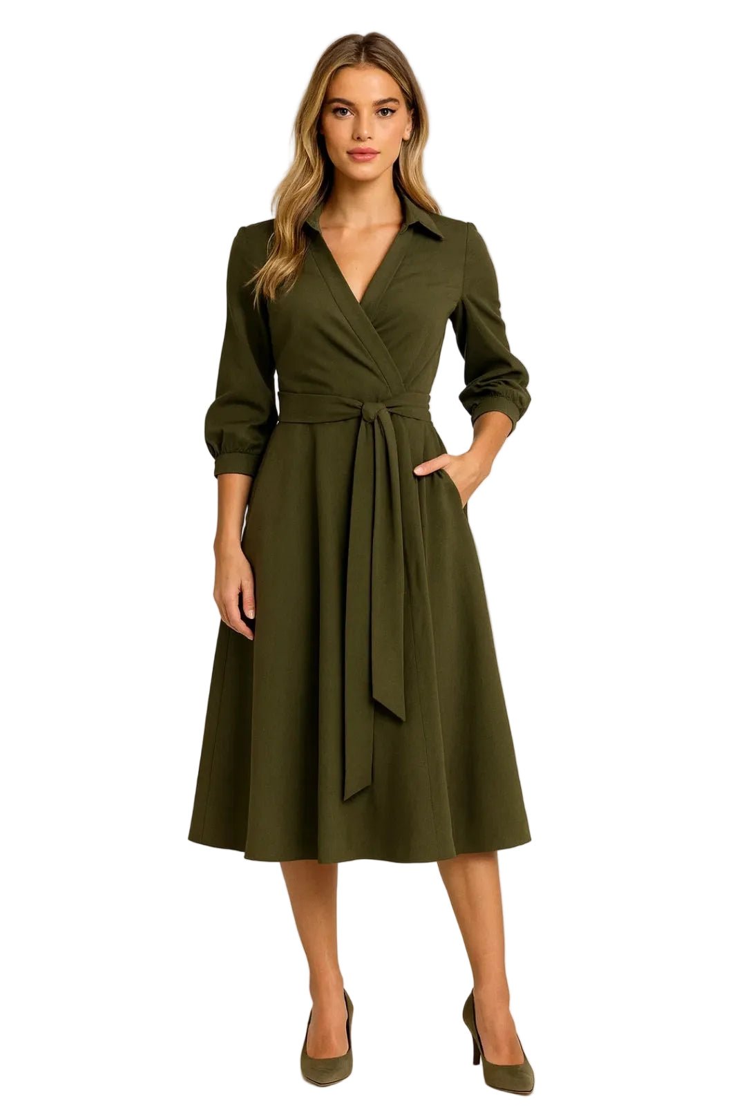 Women Midi Dress Wrap Style Long Sleeve Belt Closure - Evergreen Outfits - Women Midi Dress
