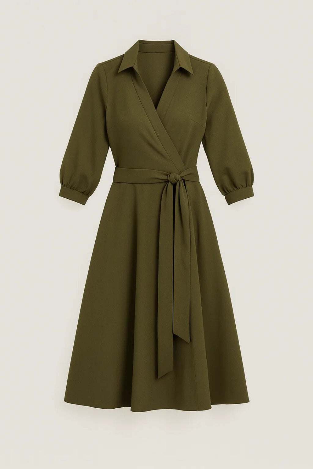 Women Midi Dress Wrap Style Long Sleeve Belt Closure - Evergreen Outfits - Women Midi Dress