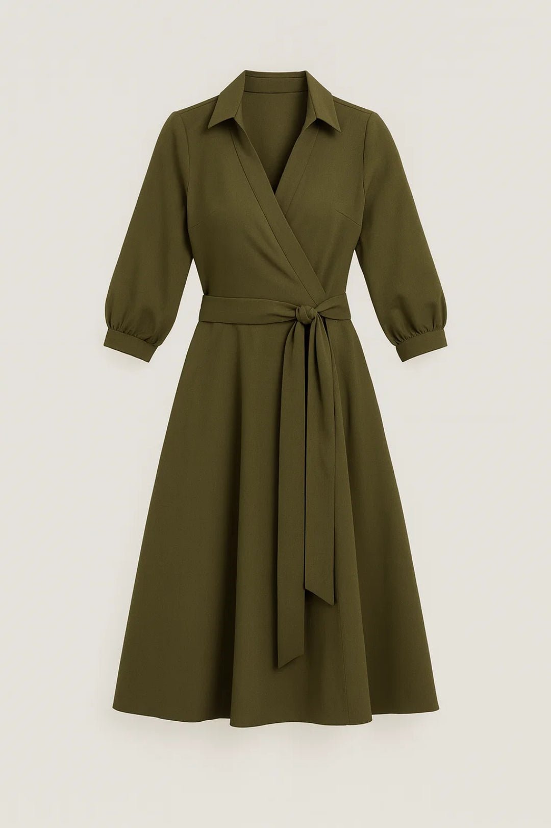 Women Midi Dress Wrap Style Long Sleeve Belt Closure - Evergreen Outfits - Women Midi Dress