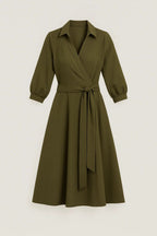 Women Midi Dress Wrap Style Long Sleeve Belt Closure - Evergreen Outfits - Women Midi Dress