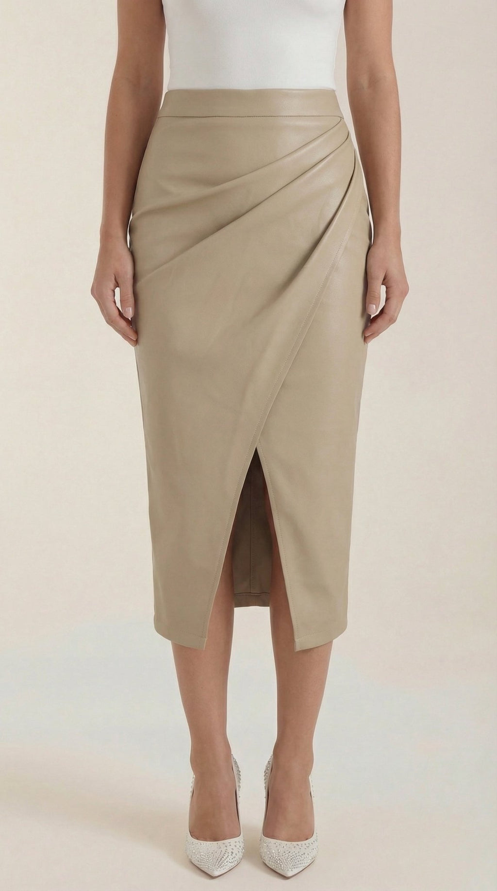 Women Midi Skirt Draped Design Front Slit Detail - Evergreen Outfits - Women Skirt