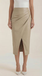 Women Midi Skirt Draped Design Front Slit Detail - Evergreen Outfits - Women Skirt