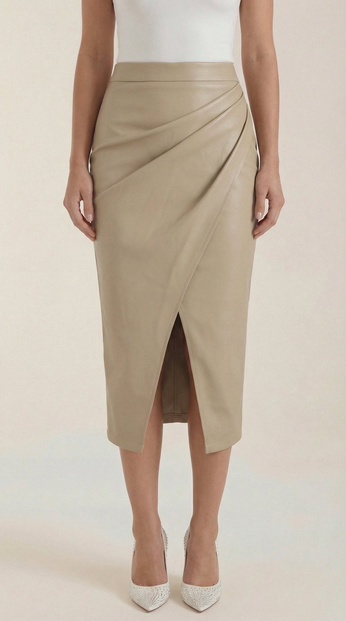 Women Midi Skirt Draped Design Front Slit Detail - Evergreen Outfits - Women Skirt