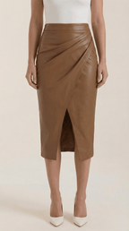 Women Midi Skirt Draped Design Front Slit Detail - Evergreen Outfits - Women Skirt