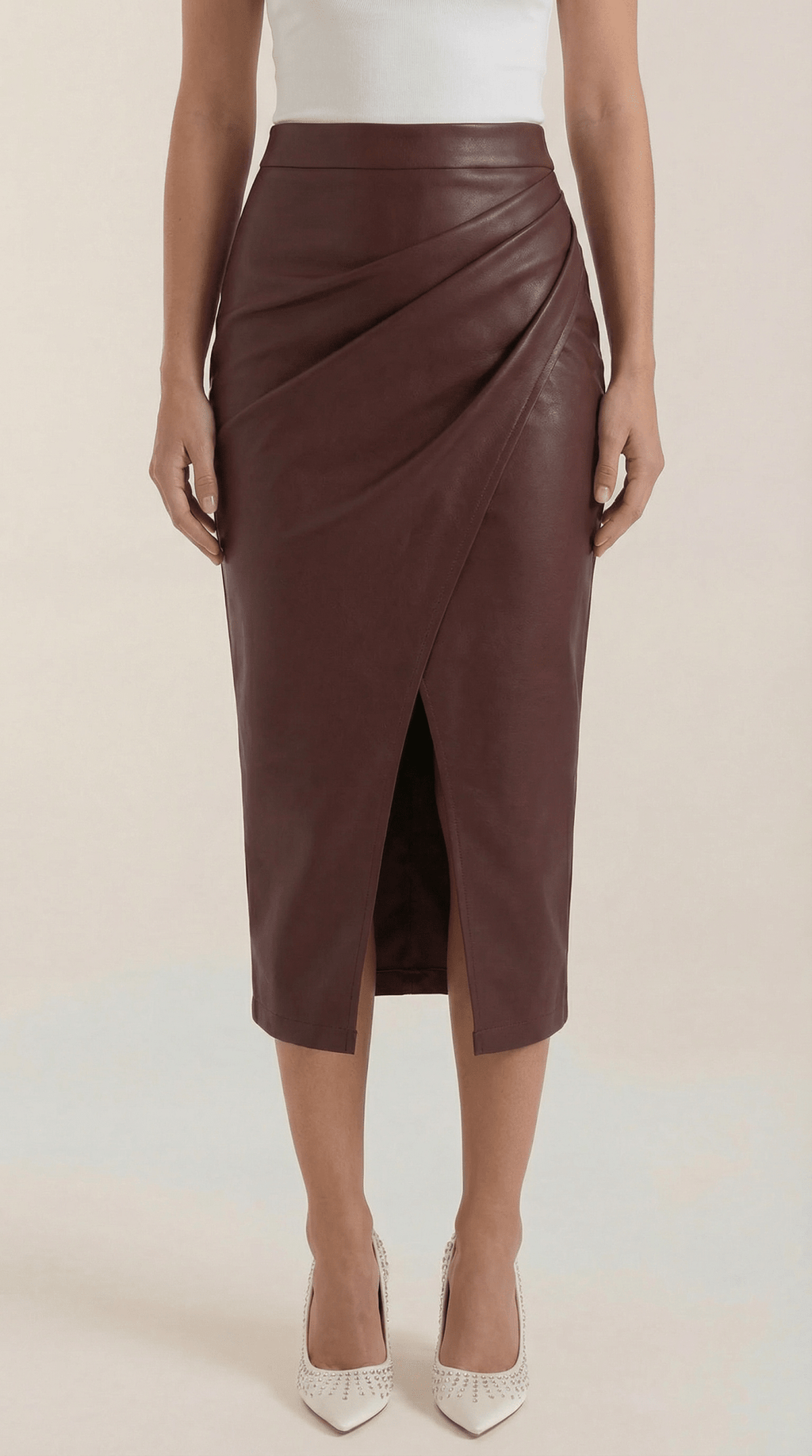 Women Midi Skirt Draped Design Front Slit Detail - Evergreen Outfits - Women Skirt