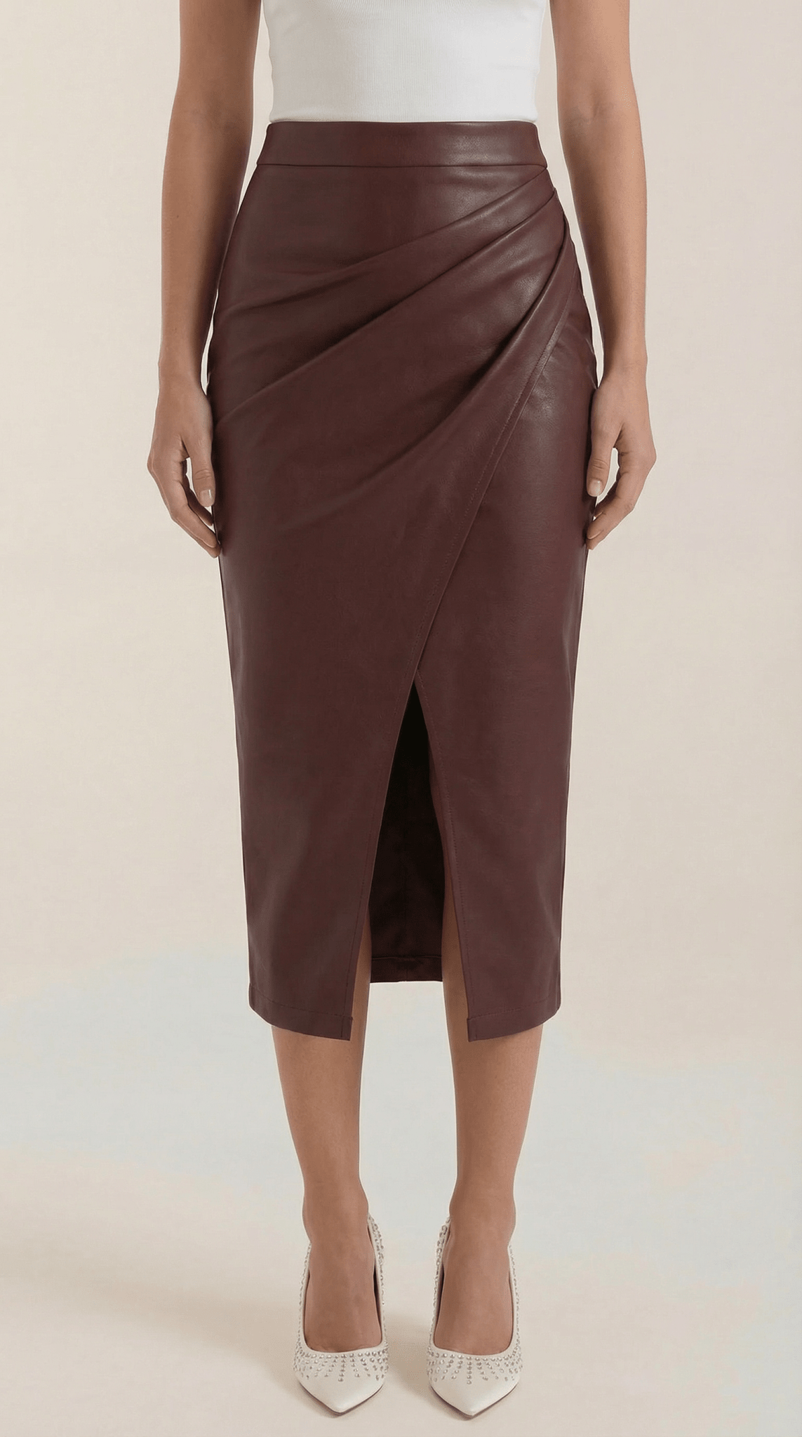 Women Midi Skirt Draped Design Front Slit Detail - Evergreen Outfits - Women Skirt
