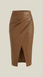 Women Midi Skirt Draped Design Front Slit Detail - Evergreen Outfits - Women Skirt