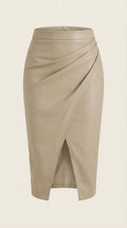 Women Midi Skirt Draped Design Front Slit Detail - Evergreen Outfits - Women Skirt