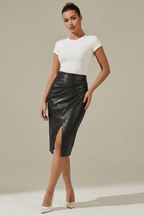 Women Midi Skirt Draped Design Front Slit Detail - Evergreen Outfits - Women Skirt