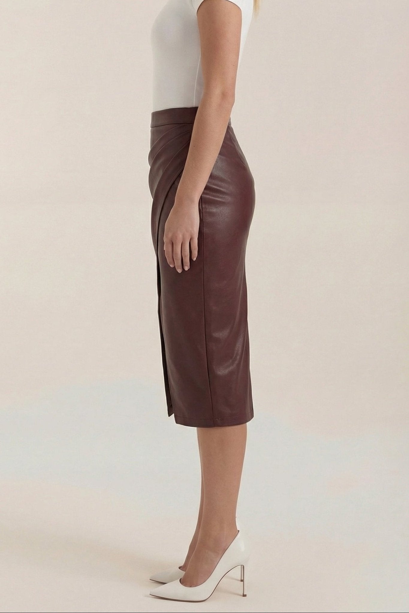 Women Midi Skirt Draped Design Front Slit Detail - Evergreen Outfits - Women Skirt