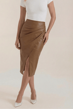 Women Midi Skirt Draped Design Front Slit Detail - Evergreen Outfits - Women Skirt