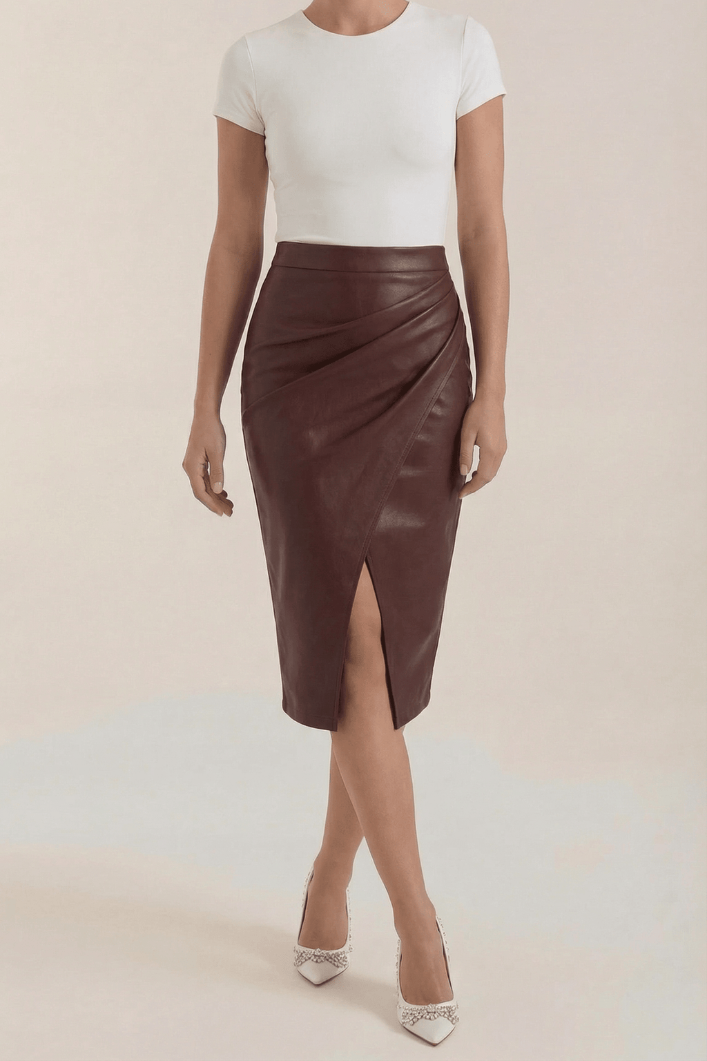 Women Midi Skirt Draped Design Front Slit Detail - Evergreen Outfits - Women Skirt