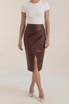 Women Midi Skirt Draped Design Front Slit Detail - Evergreen Outfits - Women Skirt