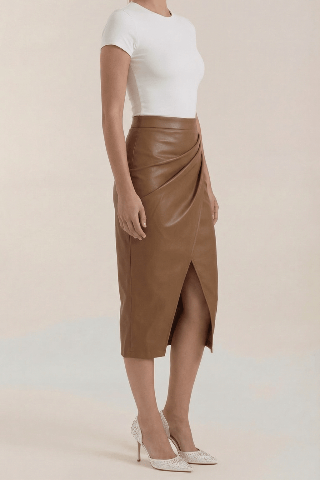 Women Midi Skirt Draped Design Front Slit Detail - Evergreen Outfits - Women Skirt