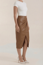 Women Midi Skirt Draped Design Front Slit Detail - Evergreen Outfits - Women Skirt