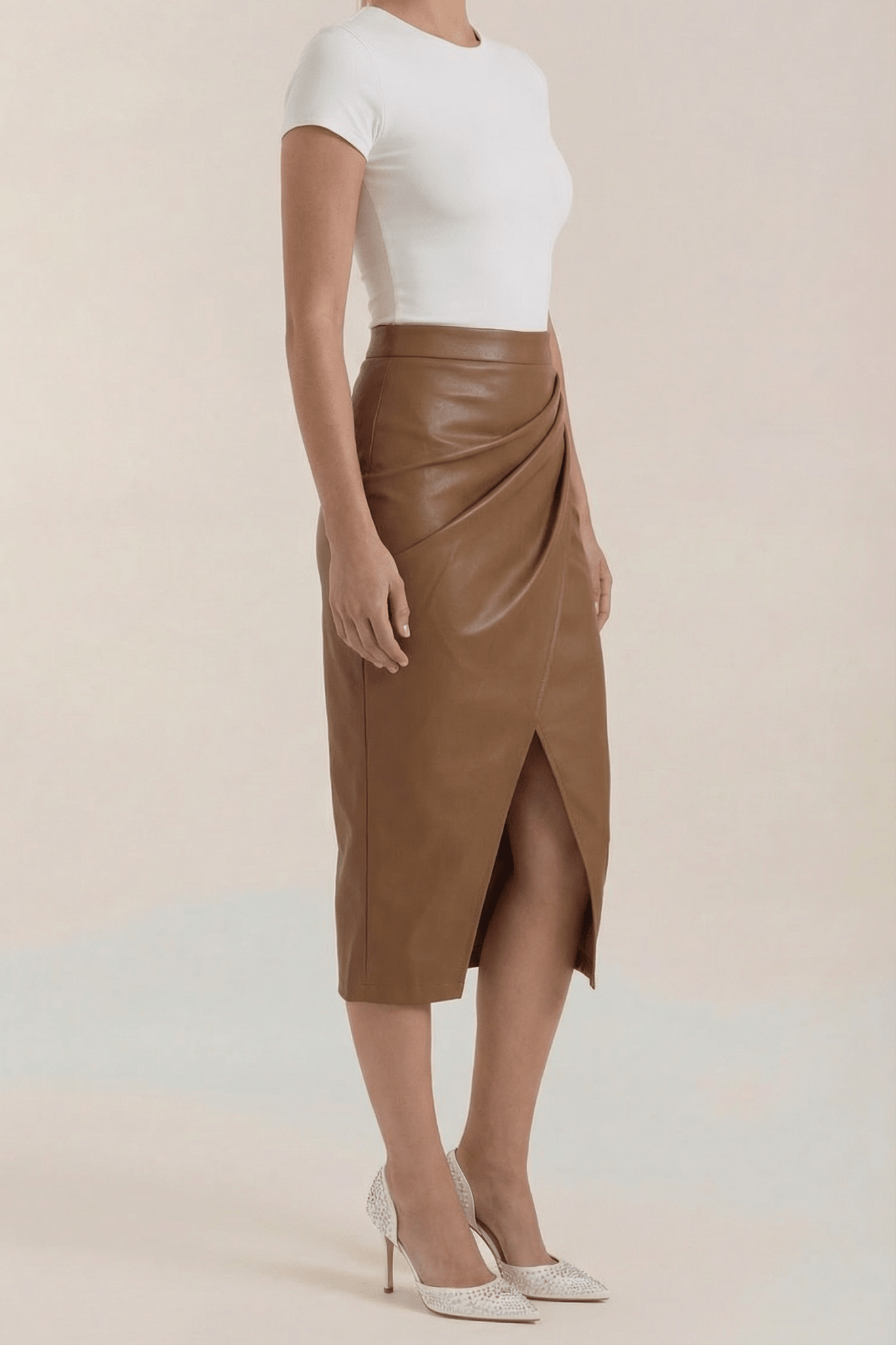 Women Midi Skirt Draped Design Front Slit Detail - Evergreen Outfits - Women Skirt