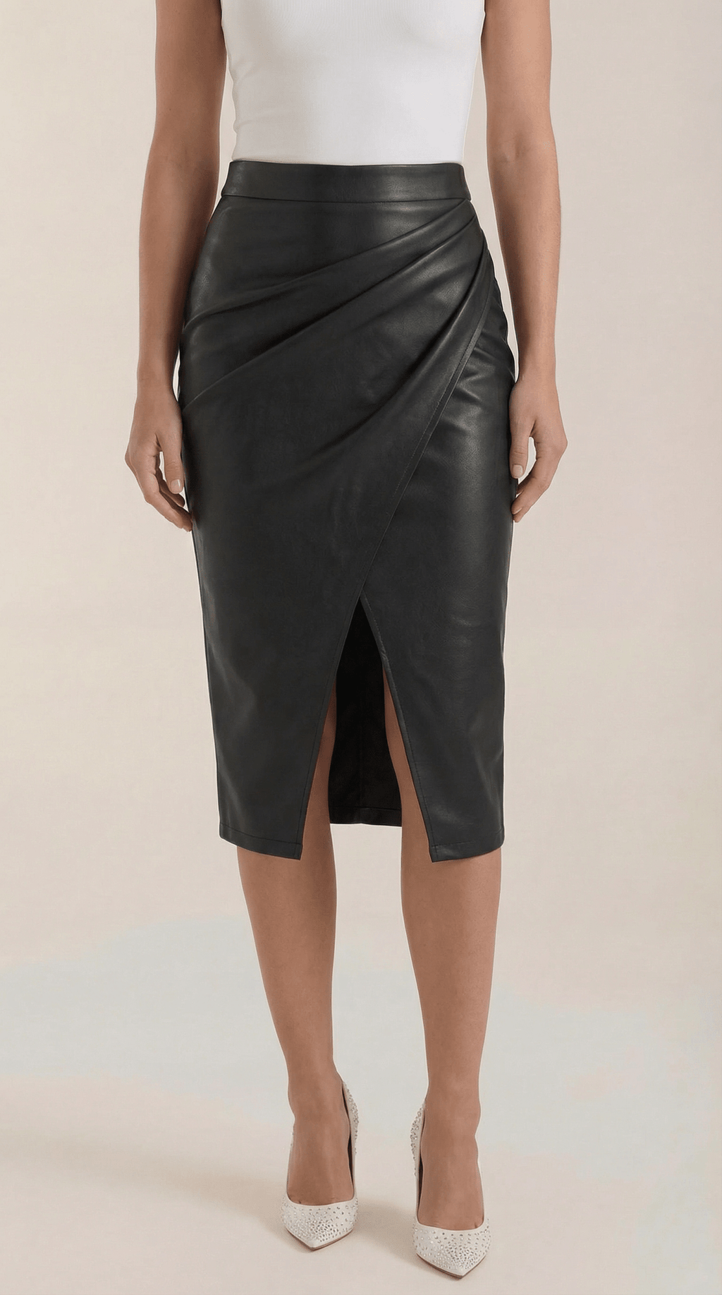 Women Midi Skirt Draped Design Front Slit Detail - Evergreen Outfits - Women Skirt
