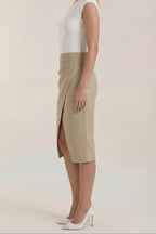 Women Midi Skirt Draped Design Front Slit Detail - Evergreen Outfits - Women Skirt