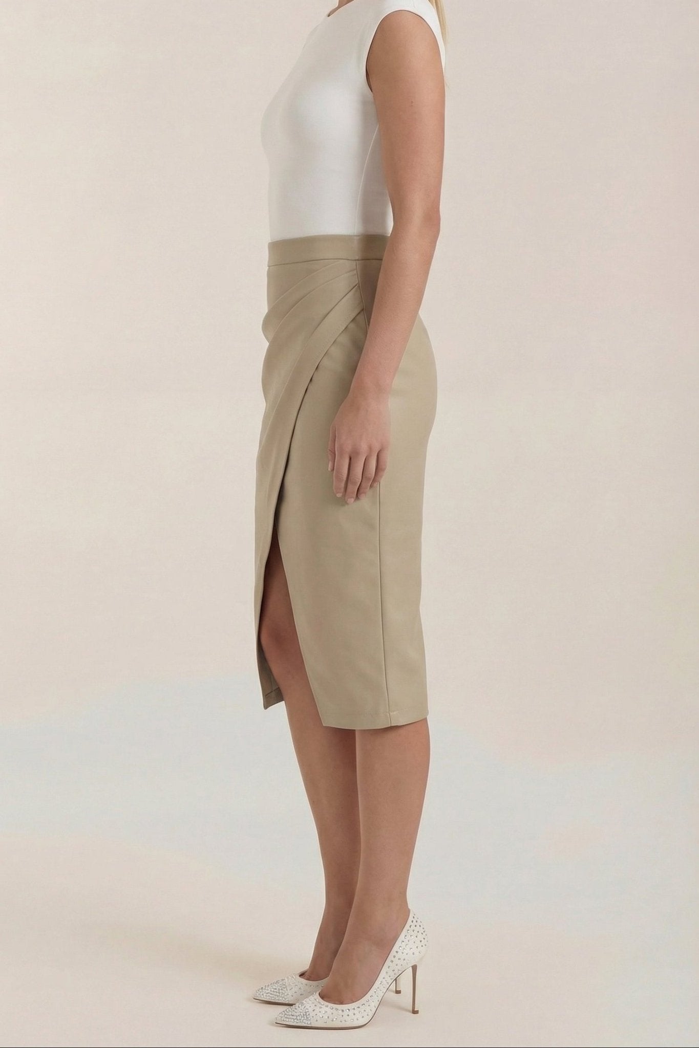 Women Midi Skirt Draped Design Front Slit Detail - Evergreen Outfits - Women Skirt