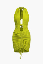 Women Mini Dress Backless Halter Neck Ruffle Lace-Up Fit - Evergreen Outfits- Women Mini Dress