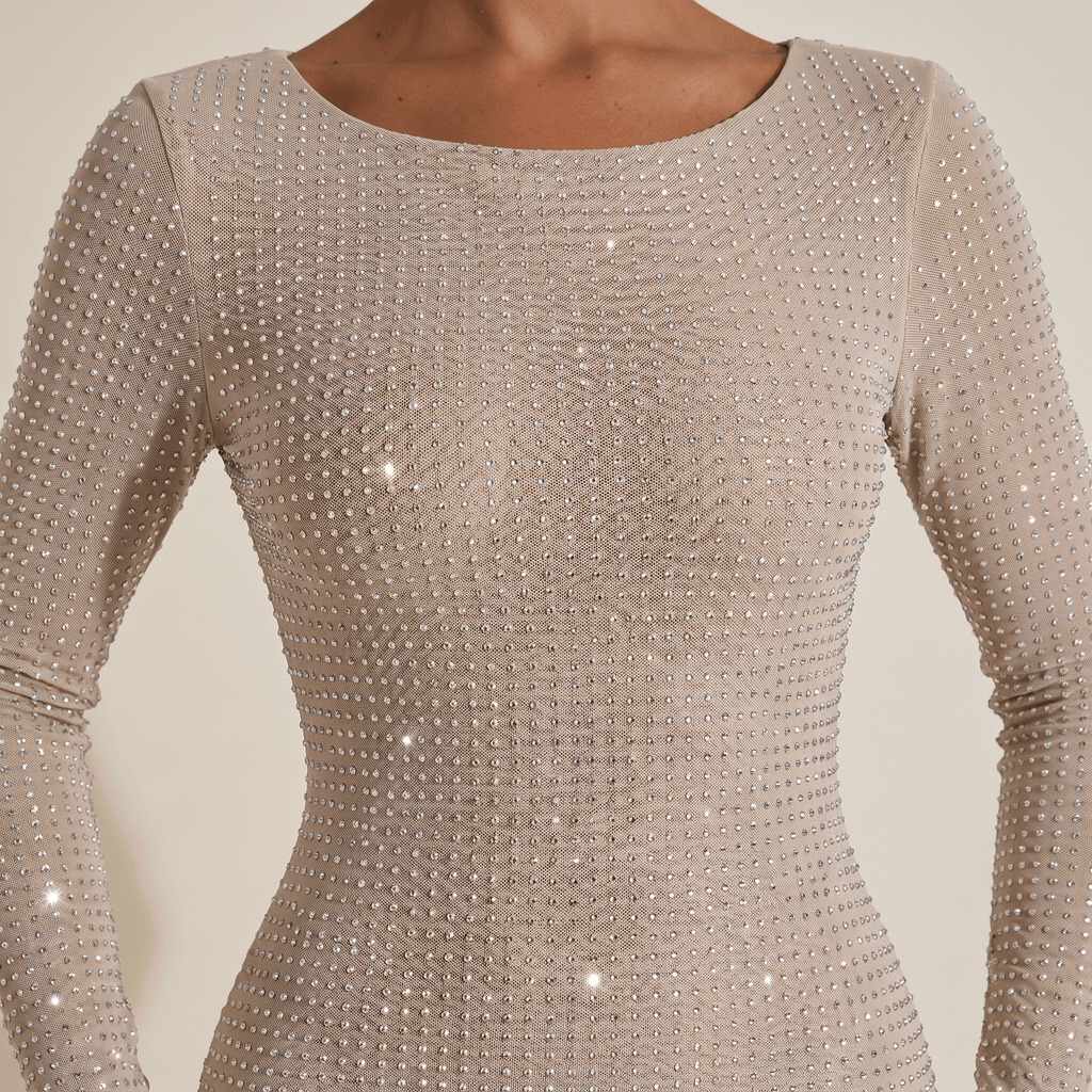 Women Mini Dress Bodycon Long Sleeve Glitter Detail - Evergreen Outfits - Women Mini Dress
