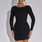Women Mini Dress Bodycon Long Sleeve Glitter Detail - Evergreen Outfits - Women Mini Dress