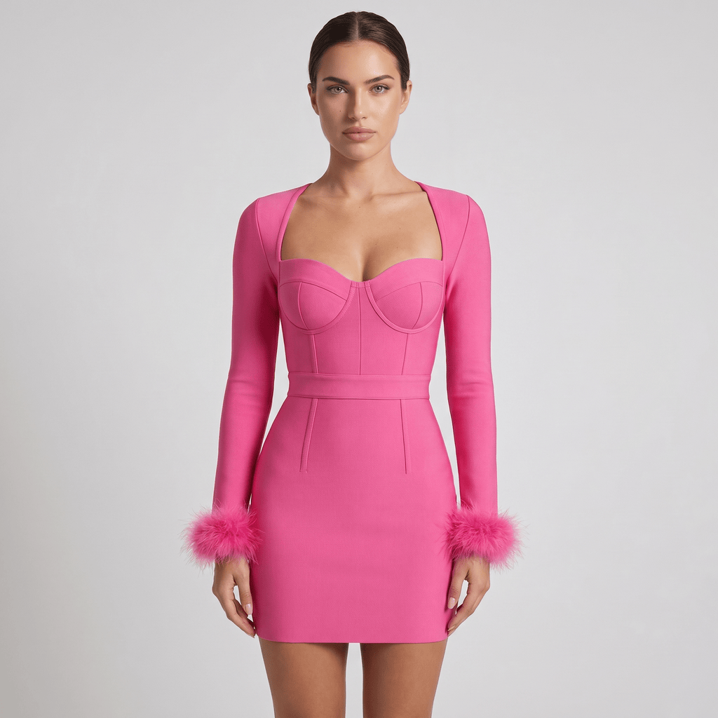 Women Mini Dress Bodycon Square Neckline Long Sleeve - Evergreen Outfits - Women Mini Dress