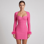 Women Mini Dress Bodycon Square Neckline Long Sleeve - Evergreen Outfits - Women Mini Dress