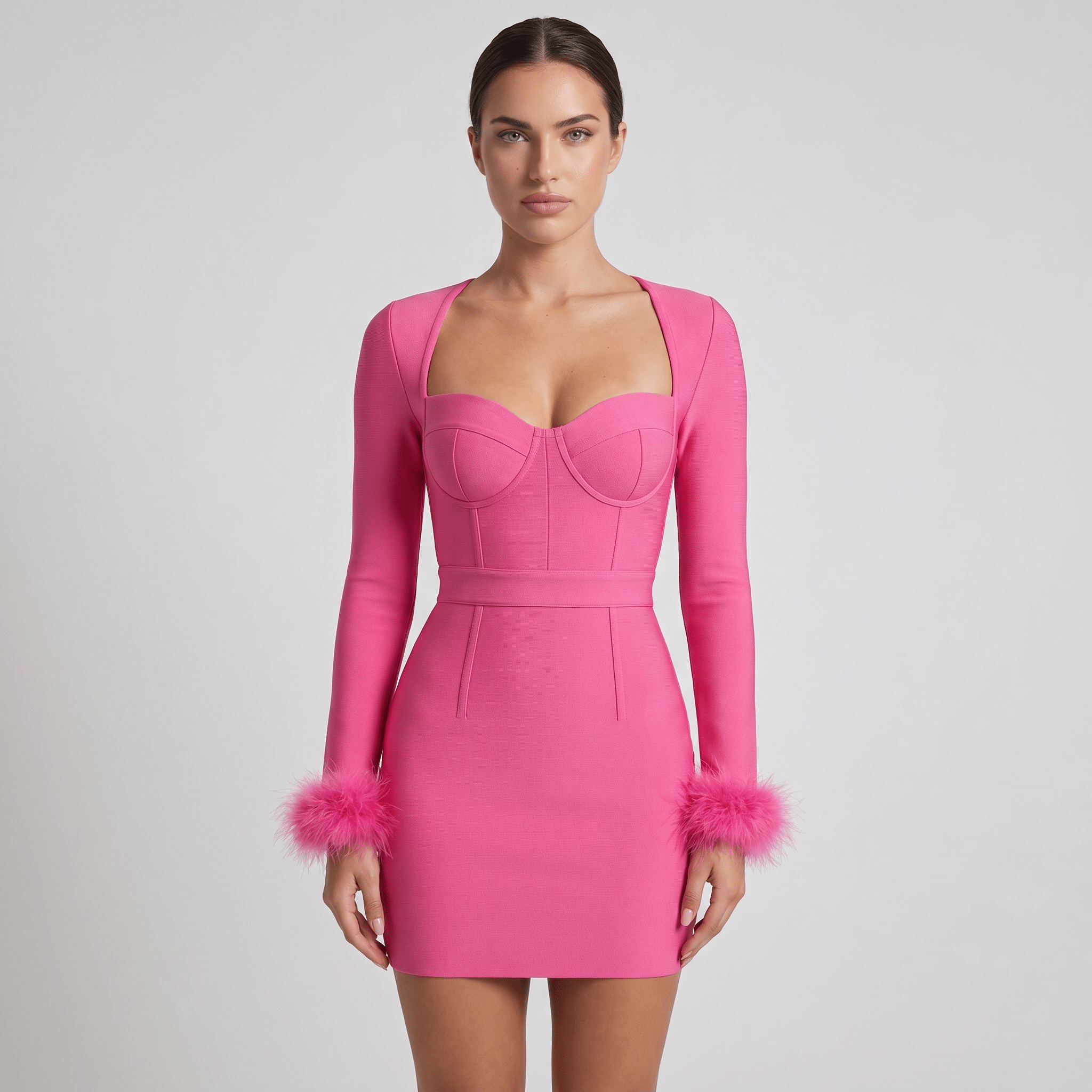 Women Mini Dress Bodycon Square Neckline Long Sleeve - Evergreen Outfits - Women Mini Dress