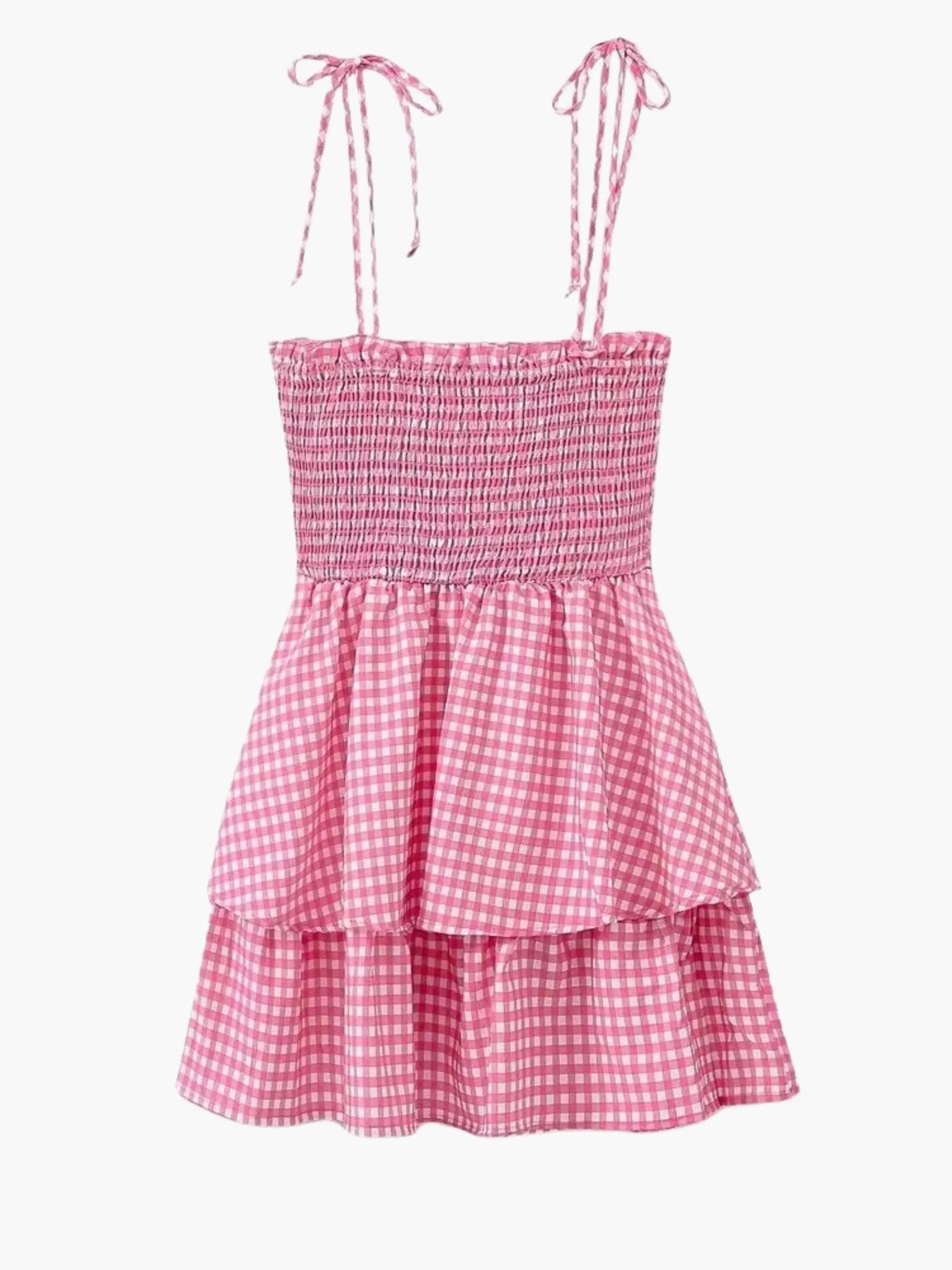 Women Mini Dress Checked Smocked Spaghetti Strap Style - Evergreen Outfits- Women Mini Dress
