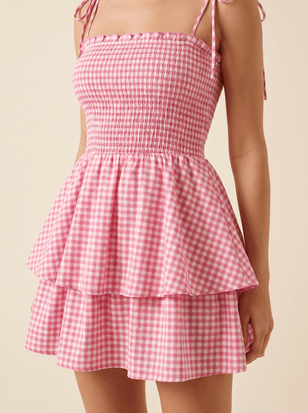 Women Mini Dress Checked Smocked Spaghetti Strap Style - Evergreen Outfits- Women Mini Dress
