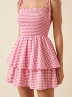 Women Mini Dress Checked Smocked Spaghetti Strap Style - Evergreen Outfits- Women Mini Dress
