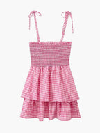 Women Mini Dress Checked Smocked Spaghetti Strap Style - Evergreen Outfits- Women Mini Dress